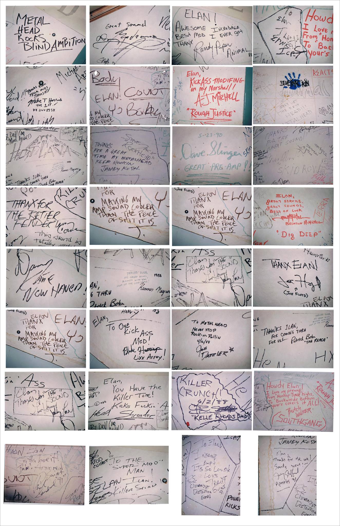 Close-up photographs of musician signatures from MetalHead Electronics